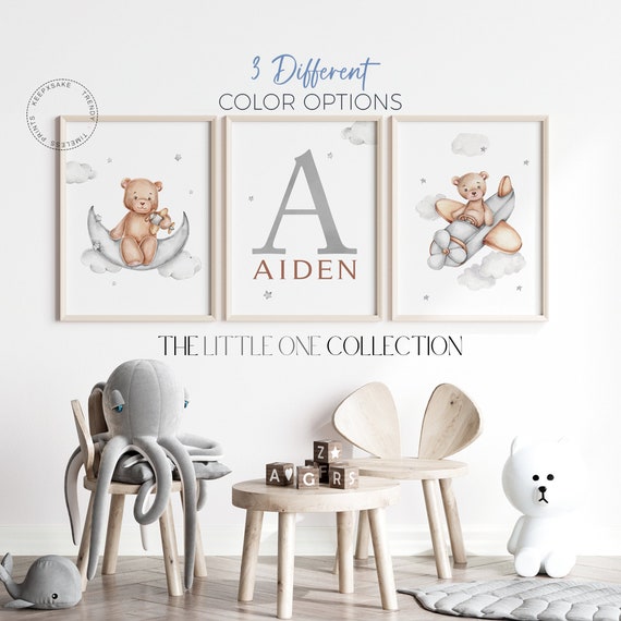Set of 3 Teddy Bear Print | Teddy Airplane Print | Bear Nursery Decor | Baby Boy Print, Personalized | New Baby Gift | Neutral Nursery Print