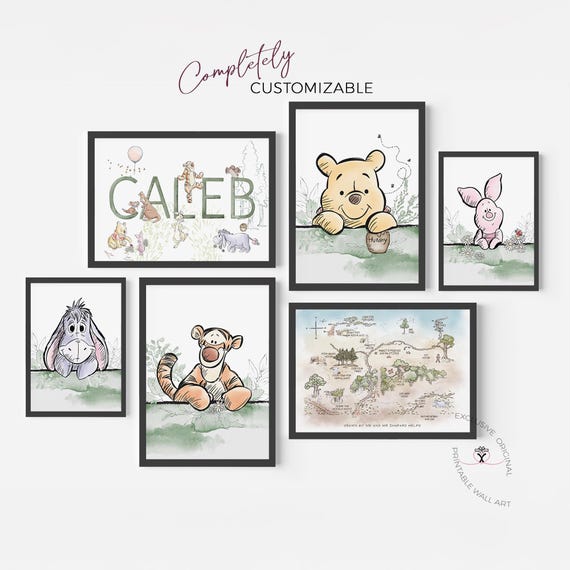 Winnie the Pooh Nursery Wall Art Set of 6 – Custom Name Print, Hundred Acre Wood Map, Neutral Baby Boy Decor, Classic Storybook Prints