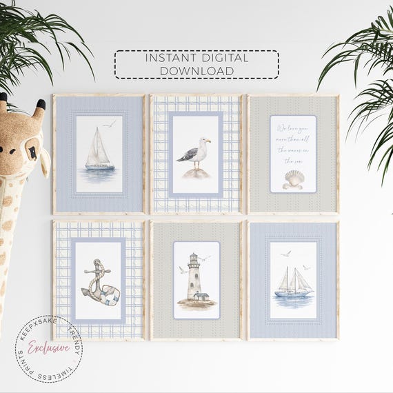 Nautical Nursery Wall Art Set of 6, Sailboat Lighthouse Seagull Prints, Vintage Coastal Nursery Decor, Cottagecore Ocean Baby Room Decor