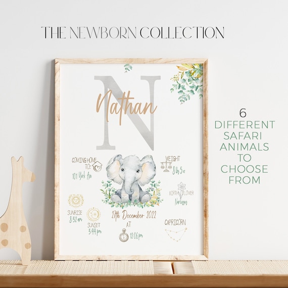 Safari Animal Birth Stats Print | Zodiac Baby Sign Gift | Birth Details Print | Baby Boy Birth Stats |Safari Nursery Decor |Christening Gift