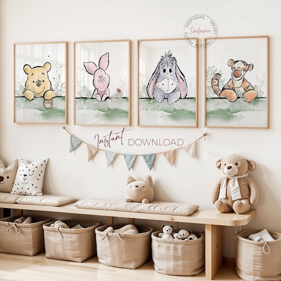 Winnie the Pooh Nursery Wall Art Prints Set 4 | Pooh Piglet Eeyore Tigger | Kids Room Decor Instant Download | Baby Shower Gift