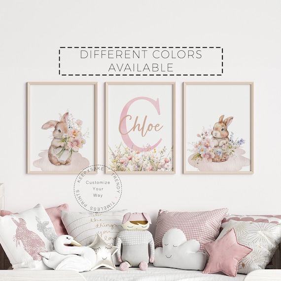 Floral Bunny Prints | Baby Rabbit Nursery, Personalized | Girls Rabbit Prints | Dusty Pink Girls Bedroom Prints |Wildflower Bunnies Wall Art