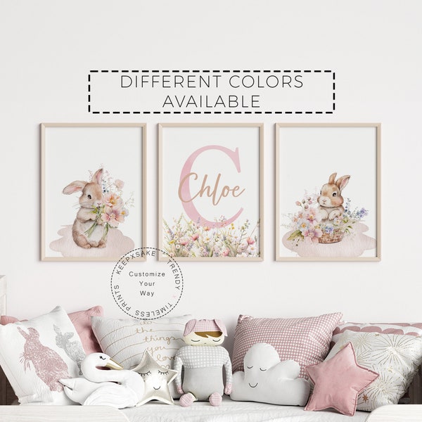 Set of 3 Personalized Blush Pink Floral Bunny Nursery Prints | Baby Girl Rabbit Nursery | Wildflowers Girls Bedroom Decor | New Baby Gift