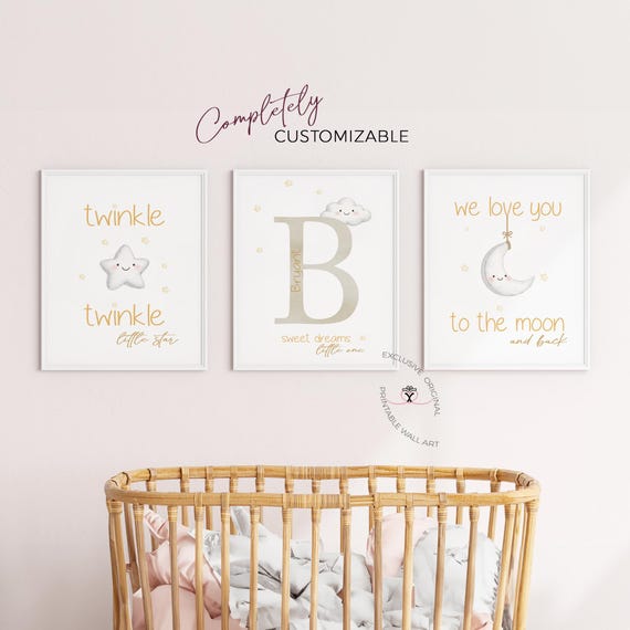 Twinkle Twinkle Little Star Nursery Decor, Neutral Nursery Wall Art Set, Moon Star Nursery, Personalized Baby Name Print