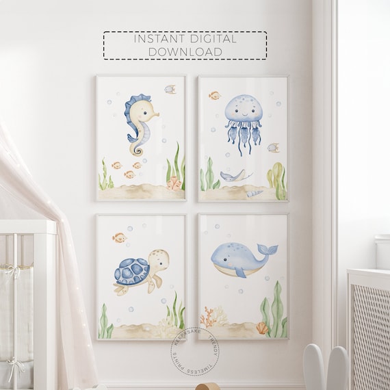 Under the Sea Nursery Prints | Sea Turtle Nursery Decor | Ocean Whale Printable Wall Art | Under the Sea Baby Shower Gift | Digital Download