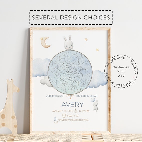 Bunny New Baby Star Map Gift | Bunny Rabbit Birth Stats |Night You Were Born Canvas |Newborn Sky Nursery Print |Bunny Balloons Nursery Decor