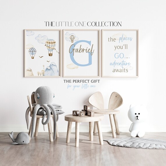 Hot Air Balloon Nursery Decor | Blue Personalized Initial Print | New Baby Gift | Neutral Nursery Wall Art |Baby Boy Nursery Prints Set of 3