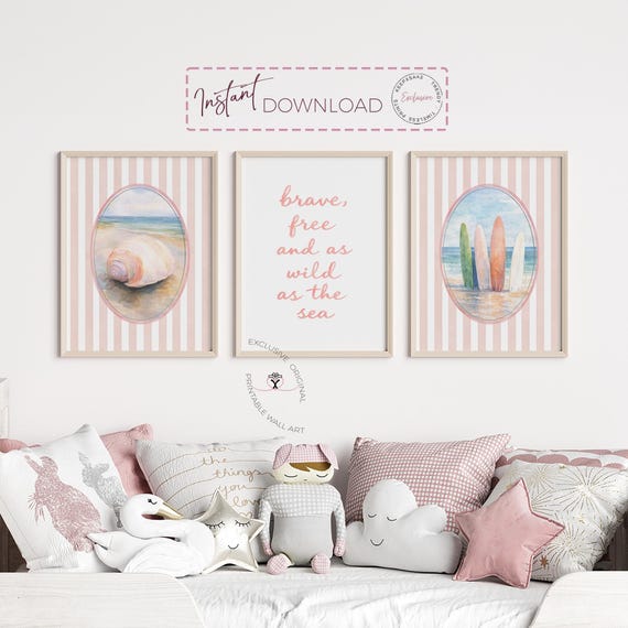 Coastal Nursery Wall Art Set, Ocean Surfboard & Seashell Prints for Girls Room, Beach Nursery Decor, Soft Pastel Printable Art
