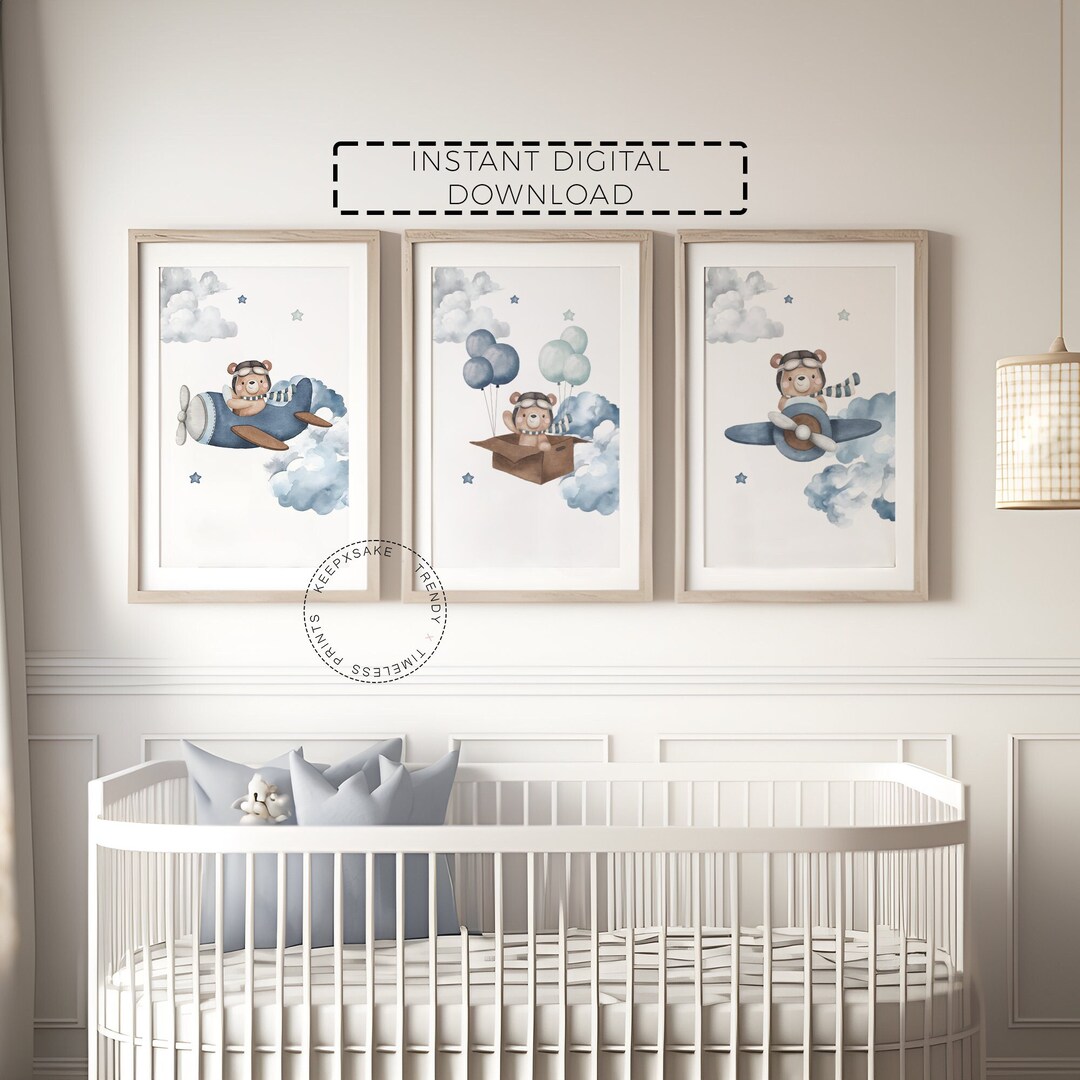 Teddy Bear Airplane Nursery Prints Set of 3 | Blue Brown Nursery Decor ...