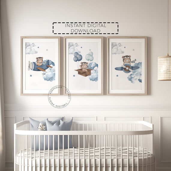 Teddy Bear Airplane Nursery Prints Set of 3 | Blue Brown Nursery Decor |New Baby Boy Gift | Bear Balloon Nursery Wall Art | Digital Download