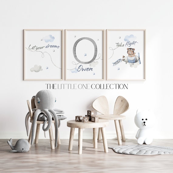 Teddy Bear Nursery Prints, Set of 3 |Personalized Bear Nursery Decor |Teddy Bear Airplane Inspirational Wall Art |Boys Neutral Nursery Decor
