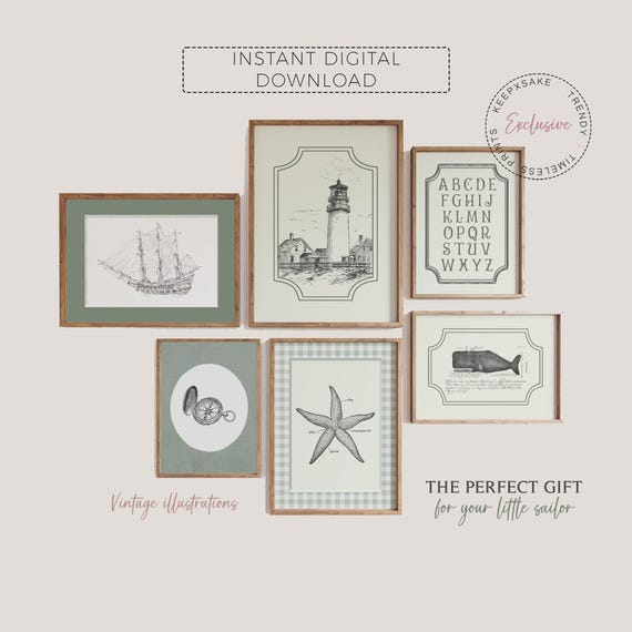 Nautical Gallery Wall Print Set of 6 | Vintage Nautical Coastal Nursery | Alphabet Print | Sage Green Nursery | Lighthouse, Sailboat Prints