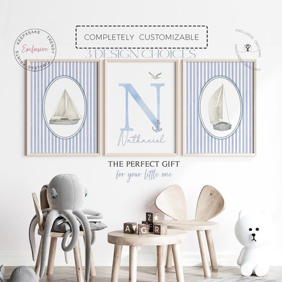 Nautical Nursery Prints | Sailboat Lighthouse Wall Art | Seaside Ocean Boy Nursery Decor | Personalized Blue Nursery |Sailor Ocean Wall Art