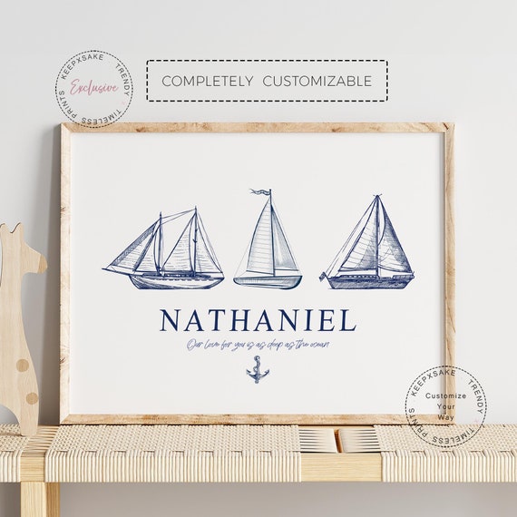 Nautical Sailboat Baby Boy Wall Art | Nautical Name Sign | Nautical Decor | Personalized Sailboat Nursery |Navy Blue Nursery | New Baby Gift