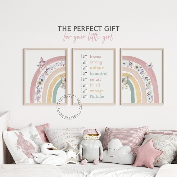 Girls Positive Affirmation Prints Set of 3 | Motivational Rainbow Butterfly Print | Teen Girl Bedroom Butterfly Prints | Boho Colors Decor