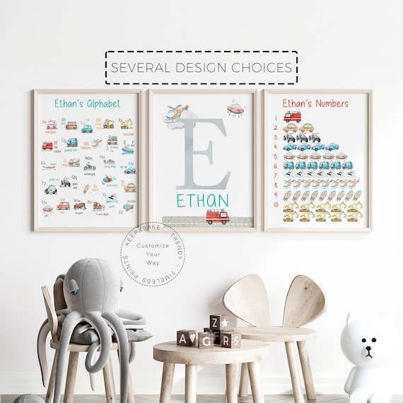 Transport Alphabet and Number Print, Personalized | Set of 3 Vehicles ABC Print | Boys Nursery Wall Art | Educational Poster | Toddler Room