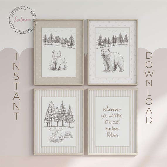 Mama Bear & Cub Nursery Wall Art | Woodland Baby Room Decor | Neutral Forest Animal Print Set | “Little Cub My Love Follows” Quote