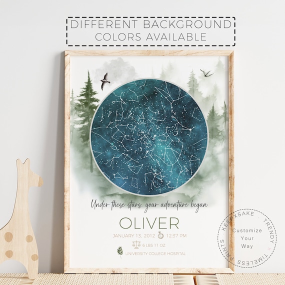 Star Map New Baby Gift | Birth Star Map Custom Wall Art | Night You Were Born Canvas | Baby Custom Sky Nursery Print |Woodland Nursery Decor