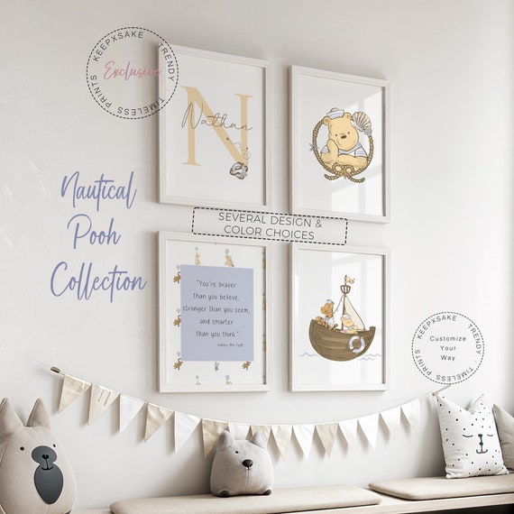 Classic Winnie The Pooh Nursery Prints | Nautical Pooh Decor |Pooh and Friends Personalized Wall Art |New Baby Custom Gift |Pooh Baby Shower