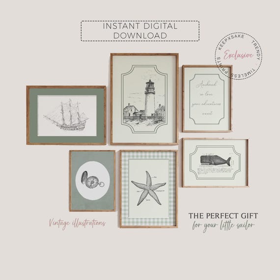 Nautical Gallery Wall Print Set of 6 | Vintage Nautical Coastal Nursery | Quote Print | Sage Green Nursery | Lighthouse, Sailboat Prints