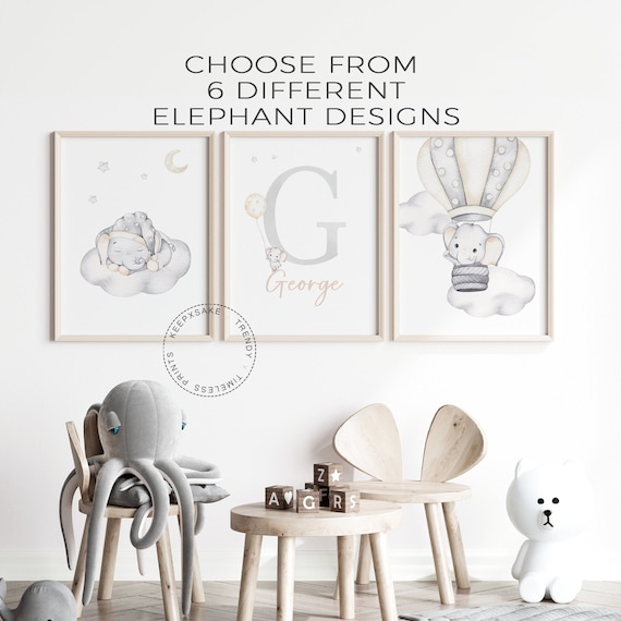 Baby Elephant Prints, Set of 3 | Baby Boy Nursery Prints |Neutral Nursery Decor |Personalized New Baby Gift |Elephant Clouds Nursery Prints
