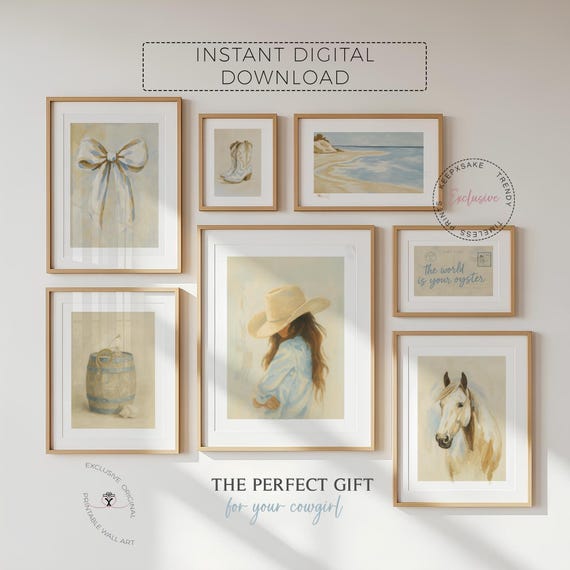 Coastal Cowgirl Wall Art Set of 7 • Western Boho Gallery Prints • Neutral Beige Digital Download • Cowgirl Hat Boots Horse Beach Decor