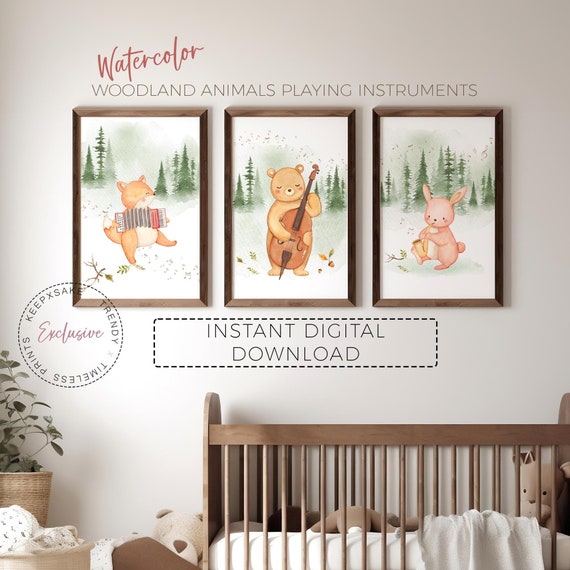 Woodland Musical Animal Nursery Prints | Watercolor Forest Nursery Decor | Animals Playing Instruments Printable Wall Art | Digital Download
