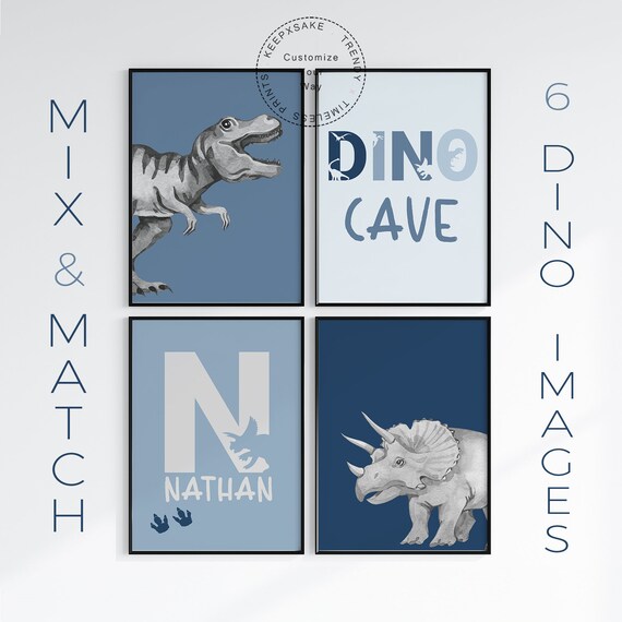 Dinosaur Prints | Boys Bedroom TRex Wall Art, Set of 4 |Triceratops Brontosaurus Dino Decor Printables | Toddler Dino Cave | Blue Grey Decor
