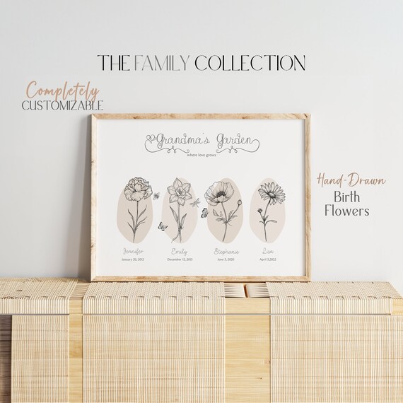 Personalized Flower Birth Month Print | Mothers Day Print | Grandmas Garden Print | Custom Family Birth Flower Bouquet | Minimalist Design