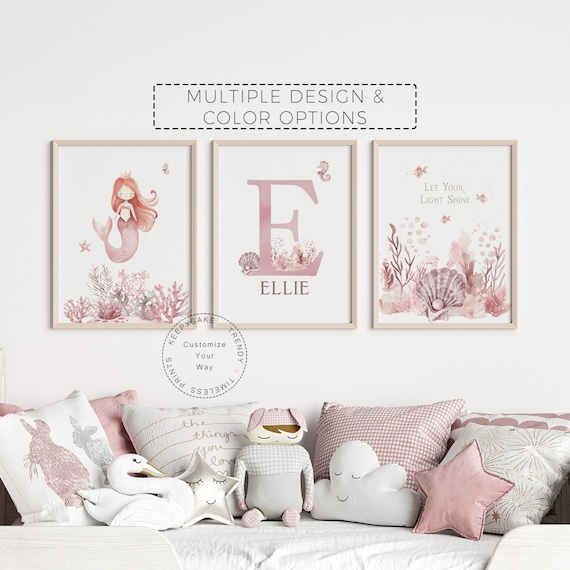 Mermaid Prints | Mermaid Nursery Decor | Girly Bedroon Prints, Personalized |Under the Sea Girl Nursery Printable Wall Art |Dusty Pink Decor