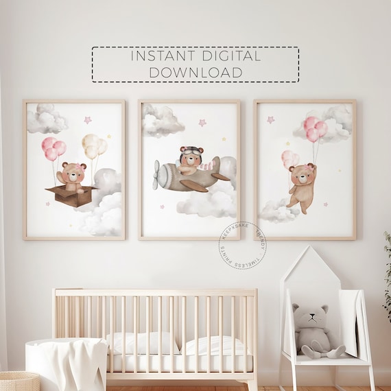 Set of 3 Teddy Bear Nursery Girl Prints | Pink Beige Nursery Decor | New Baby Girl Gift | Bear Balloons Nursery Wall Art |Printable Wall Art