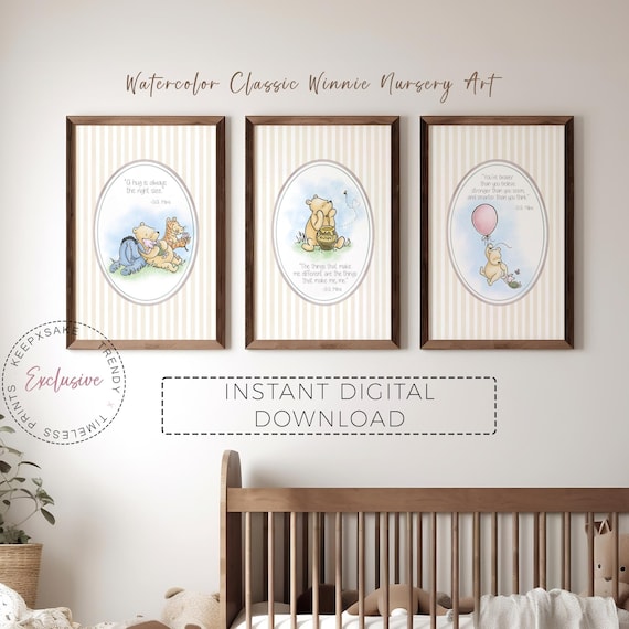 Set of 3 Classic Winnie the Pooh Art Prints | Pooh Inspirational Quotes | Gender Neutral Nursery Decor | New Baby Gift | Pooh Shower Gift