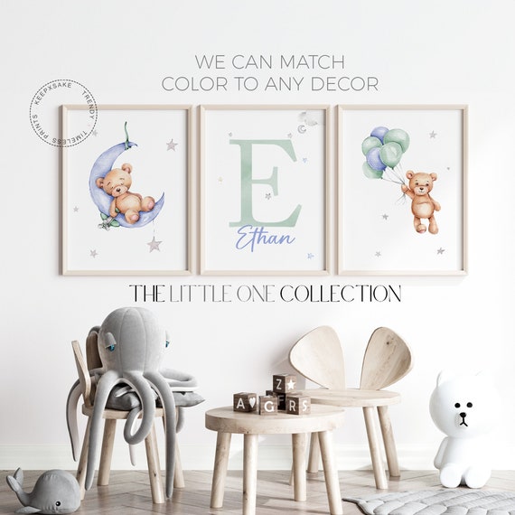 Set of 3 Teddy Bear Print | Personalized Name Print | Bear Nursery Decor | Baby Boy Print | Blue Green Nursery Poster |Balloon Nursery Decor