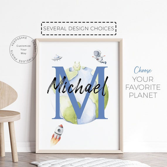 Personalized Initial Print |  Boys Nursery Print | Space Prints | Name Print | Moon Planet Print | Boys Bedroom Print | Toddler Space Decor
