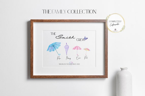 Personalized Watercolor Umbrella Family Print | Custom Umbrella Wall Art | New Home Gift | Brollie Family Name Print | Custom Wall Decor