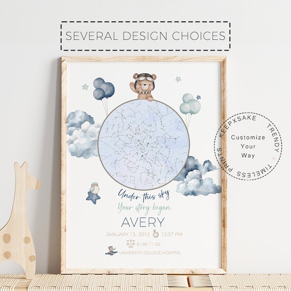 New Baby Star Map Baby Boy Gift | Teddy Bear Balloons Personalized Print | Night You Were Born Canvas | Baby Sky Nursery Print |Bear Nursery
