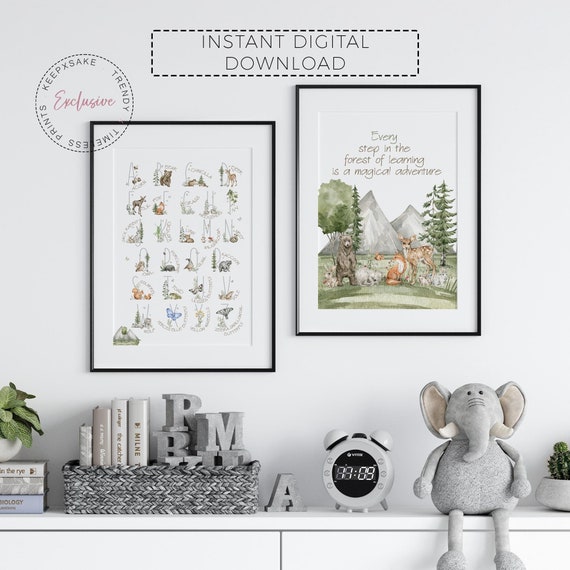 Woodland Alphabet Poster, Set of 2 |Woodland Animals Nursery | Forest Animals ABCs | Nature Inspirational Quote | Woodland Nursery Wall Art
