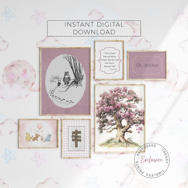 Conjunto de láminas decorativas para la habitación infantil de Winnie the Pooh: Decoración en rosa (descarga digital)