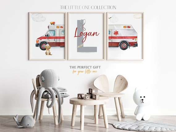 Rescue Vehicle Prints | Emergency Vehicle Prints | Personalized Toddler Room Decor | Transportation Nursery | Ambulance Posters Set of 3