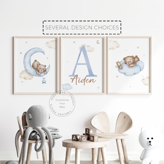 Set of 3 Teddy Bear Print | Name Initial Print |Bear Nursery Decor | Baby Boy Print |Light Blue Nursery Poster | Moon Airplane Nursery Decor