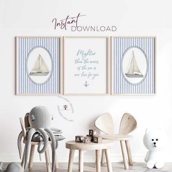 Nautical Nursery Wall Art Set of 3, Sailboat & Ocean Quote Prints, Coastal Baby Boy Room Decor, Instant Download