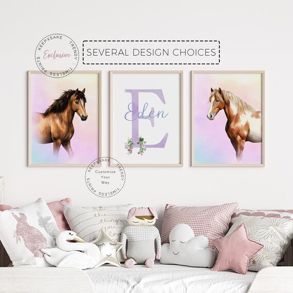 Horse Nursery Wall Art |Horse Prints, Personalized |Girl Bedroom Prints |Buckskin Horse Posters, Set of 3 |Printable Wall Art |Horse Bedroom