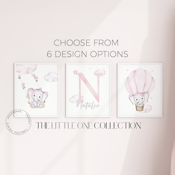 Elephant Nursery Decor | Baby Girl Nursery Floral Prints, Personalized | Girl Nursery Elephant Floral Wall Art |Blush Pink Nursery, Set of 3