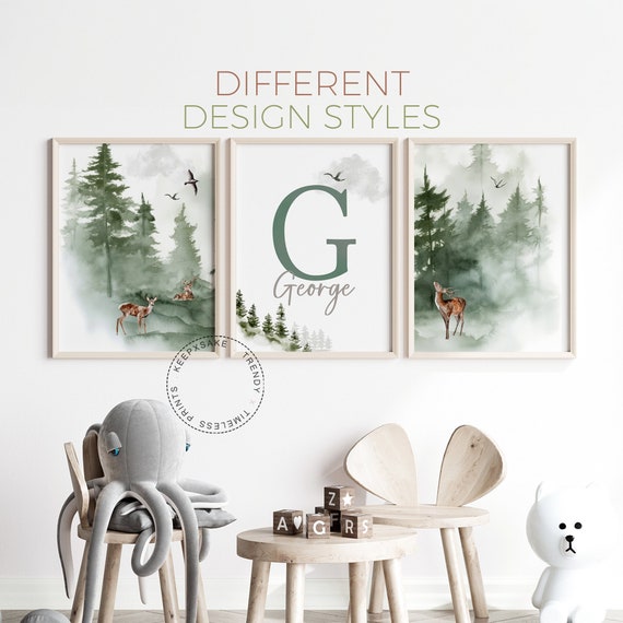 Woodland Animal Nursery Prints, Personalized | Sage Green Brown Nursery Wall Art | Baby Boy Nursery |Woodland Mountain Prints | Newborn Gift