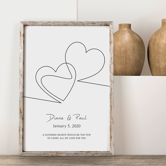 Couples Personalized Print | Line Hearts Art Drawing | Valentines Day Gift | Gift for Her | Valentines Day Print | Minimalist Line Drawing