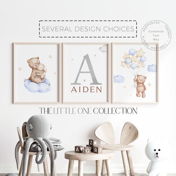 Teddy Bear Print | Bear Nursery Decor | Neutral Nursery Print Set of 3 | Blue Nursery Wall Decor | Baby Boy Name Print | New Baby Printable
