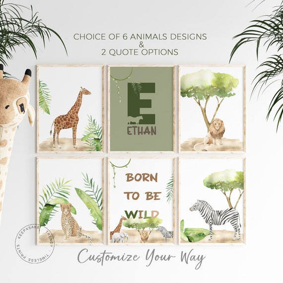 Safari Animals Wall Art | Be Brave Like A Lion Print | Boho Nursery Prints | Safari Green Decor |Set of 6 Safari Animal Prints, Personalized