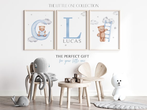 Set of 3 Teddy Bear Prints | Teddy Bear Nursery Decor | Personalized Baby Boy Print | New Baby Gift | Light Blue Nursery Wall Decor