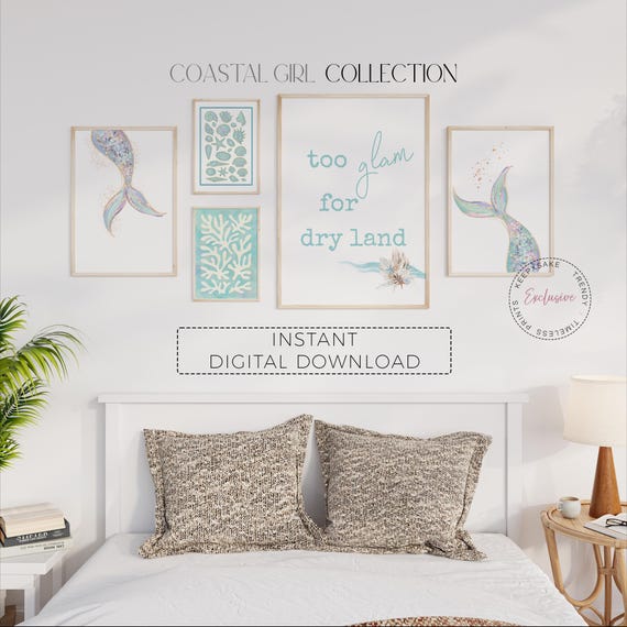 Watercolor Mermaid Wall Art Set of 5 | Coastal Girl Nursery Prints | Purple Blue Beach Decor | Ocean Bedroom Printable Art