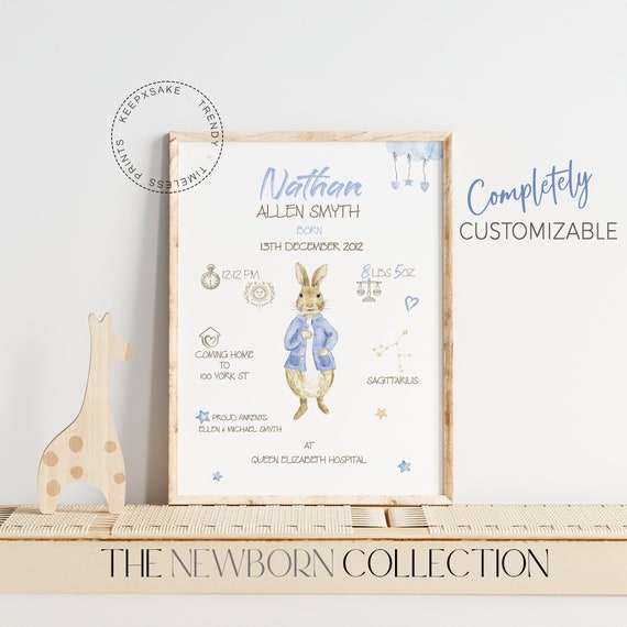 New Baby Boy Gift | New Baby Gift Personalized | Peter Rabbit Birth Details Print | New Baby Print | Christening Gift | Birth Stats Print